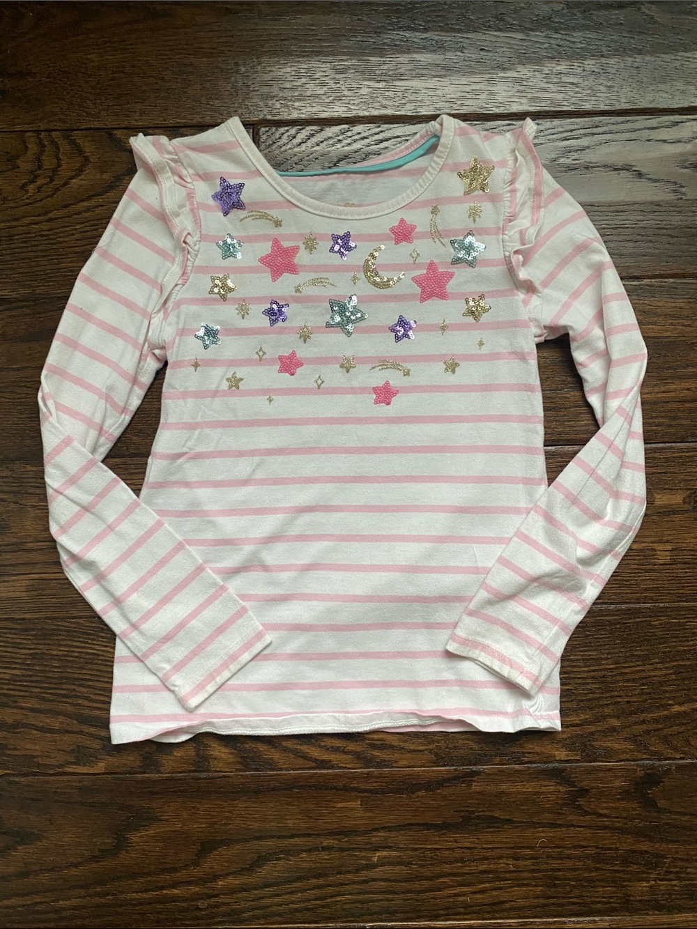 Girls Pink & White Striped Long-Sleeve Top with Sequin Stars